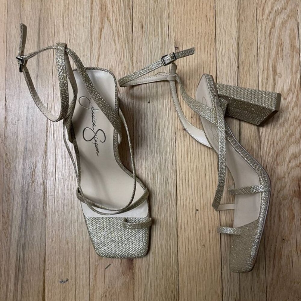 JESSICA SIMPSON Gold Zofia Strappy Glitter Sandals w/ Block Heel - Size 7.5